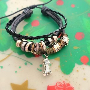 Christmas Stocking Charm Black Leather Tie Adjustable Bracelet New